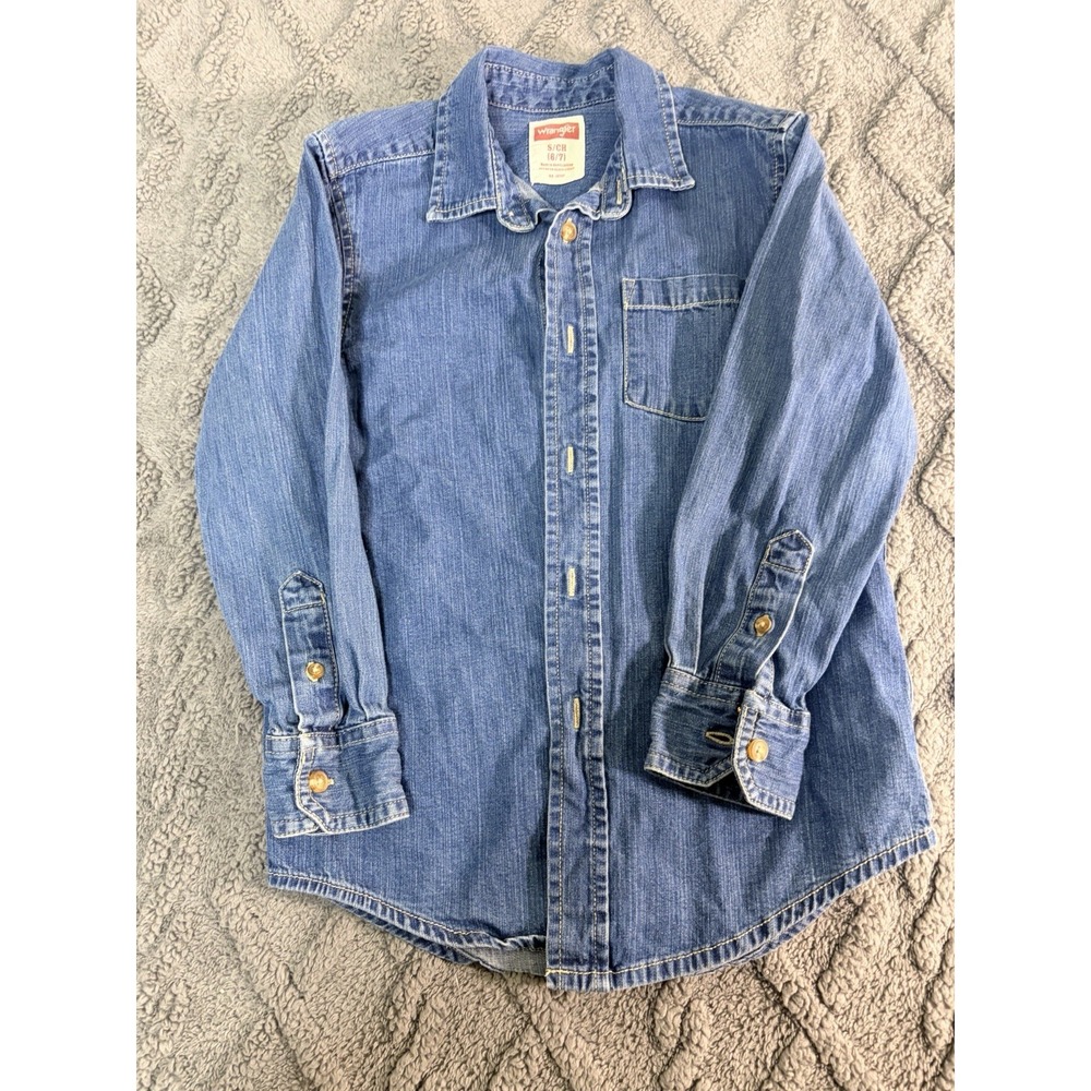 Wrangler Jeans Co Boys Blue Jeans Long Sleeve Button-Down Shirt Size S (6/7)